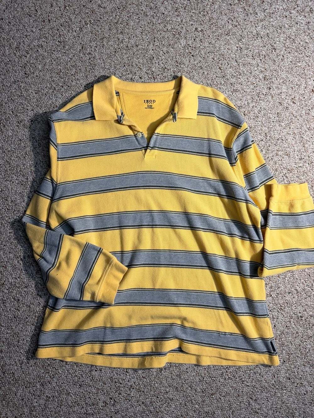 IZOD Jeans Men's XL Yellow and Gray Striped Long Sleeve Polo Sweater - Picture 2 of 6